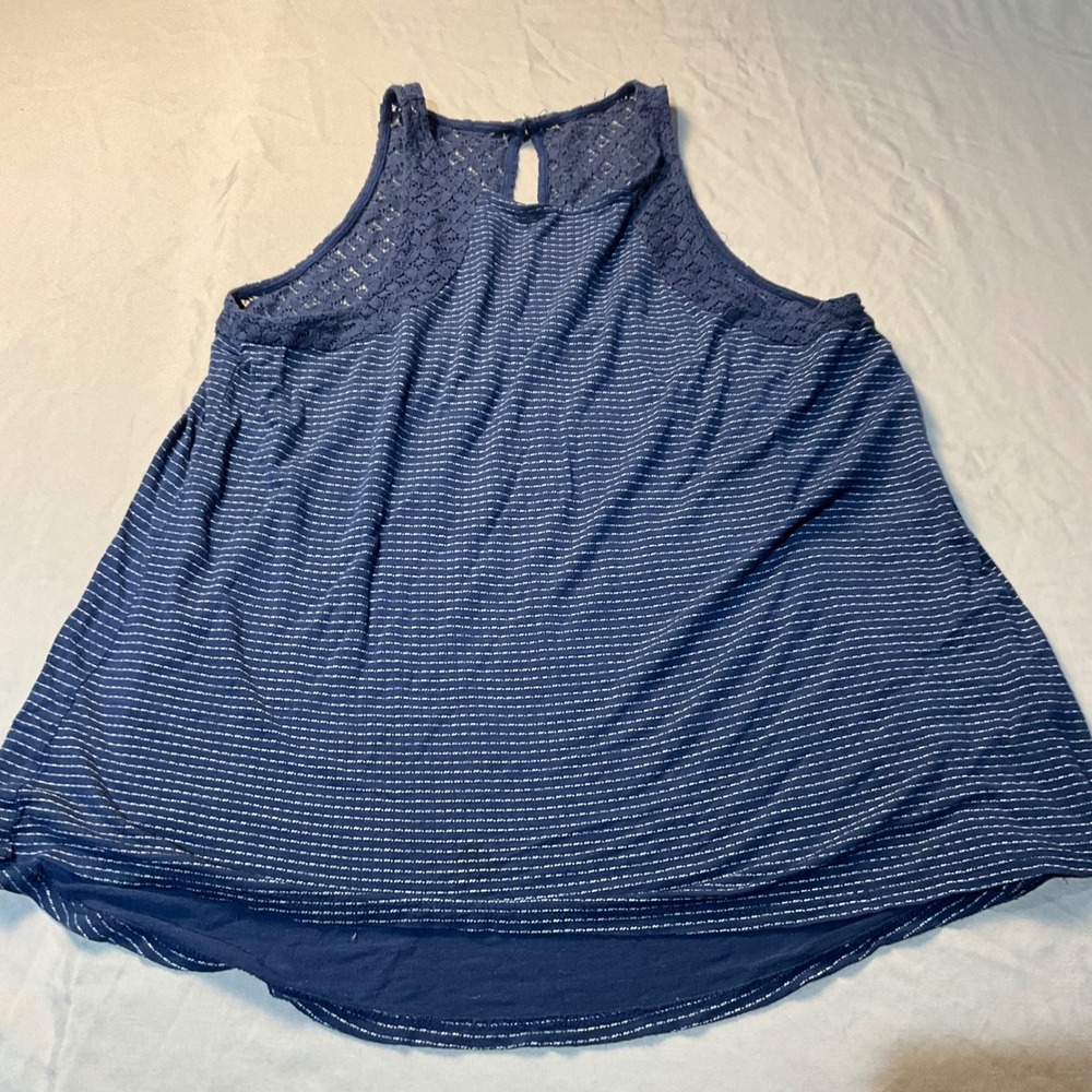 Maurices Women's Large Blue and White Striped Sleeveless Tank Top with Lace Neck